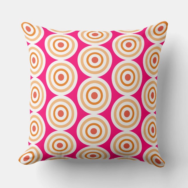 Chic Bright Pink White Orange Concentric Rings Cushion (Front)
