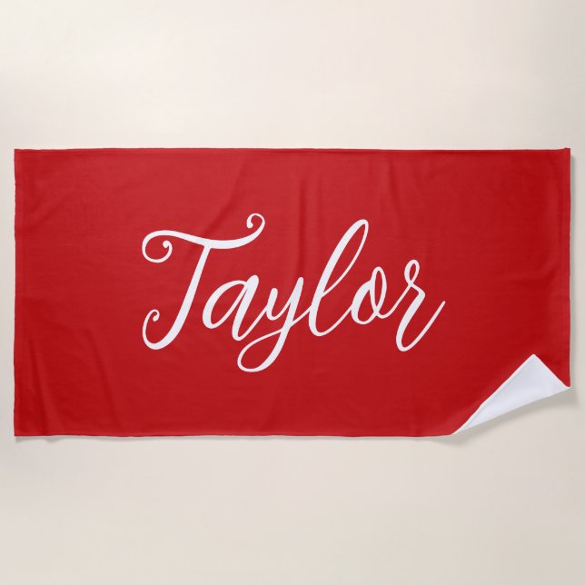 Chic Bright Red Custom Handwritten Script Beach Towel (Front)