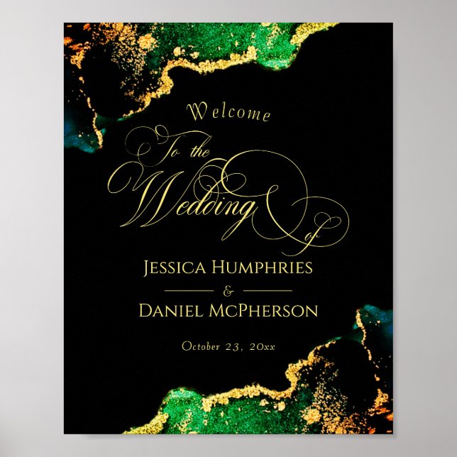 Chic Bronze Black Green Gold Wedding Welcome Sign (Front)