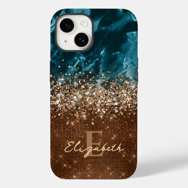Chic Bronze Turquoise Glitter Marble monogram Case-Mate iPhone Case (Back)