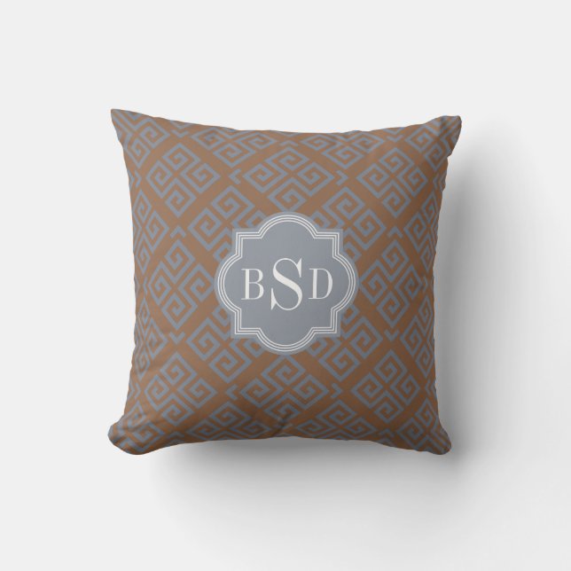 Chic brown abstract geometric pattern monogram cushion (Front)