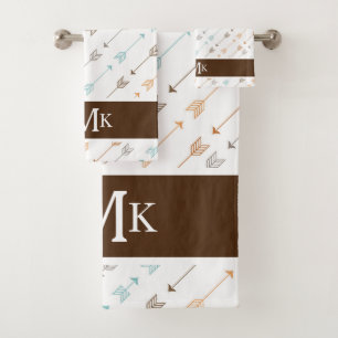 Chic Brown and Turquoise Tribal Arrow Monogrammed Bath Towel Set