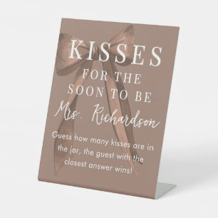 Chic Brown Bow How Many Kisses Bridal Shower Game Pedestal Sign