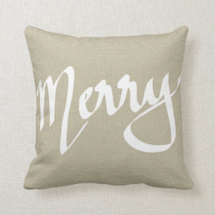 Chic Brown Burlap Merry Typography Christmas Cushion