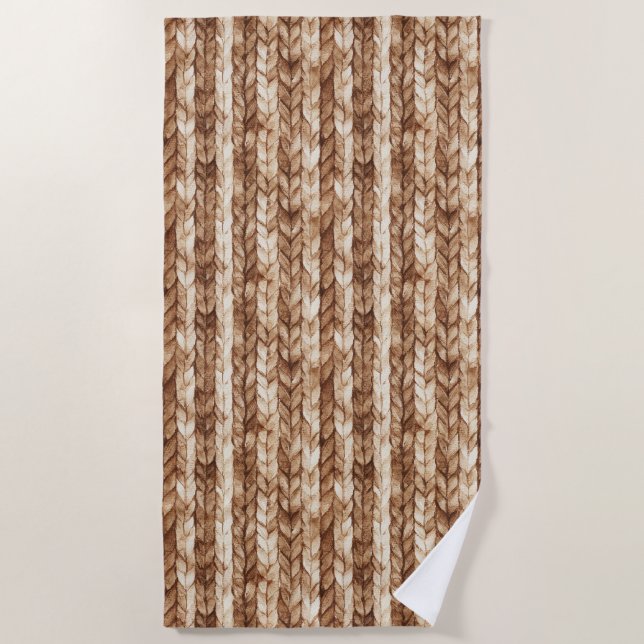 Chic Brown Cream Faux Woven Stripes Beach Towel (Front)