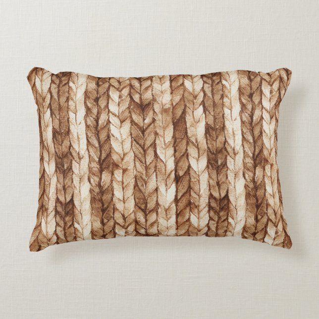 Chic Brown Cream Faux Woven Stripes Decorative Cushion (Front)