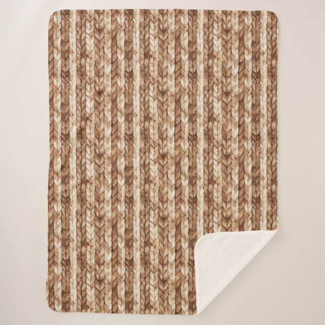 Chic Brown Cream Faux Woven Stripes Sherpa Blanket (Front)