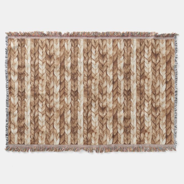 Chic Brown Cream Faux Woven Stripes Throw Blanket (Front)