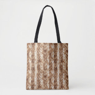 Chic Brown Cream Faux Woven Stripes Tote Bag
