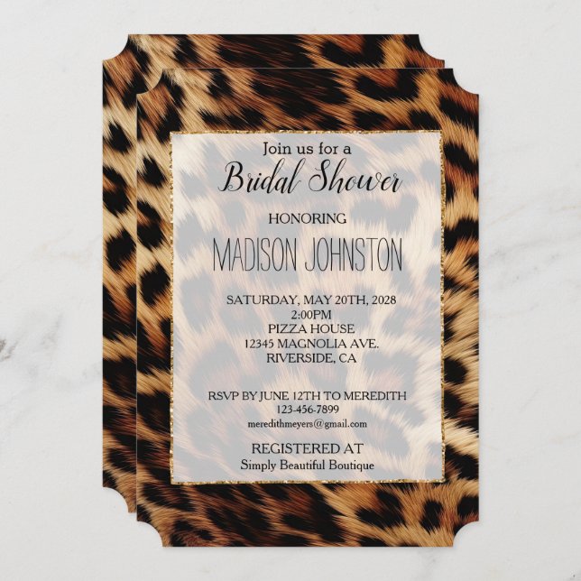 Chic Brown Cream Leopard Bridal Shower Invitation (Front/Back)
