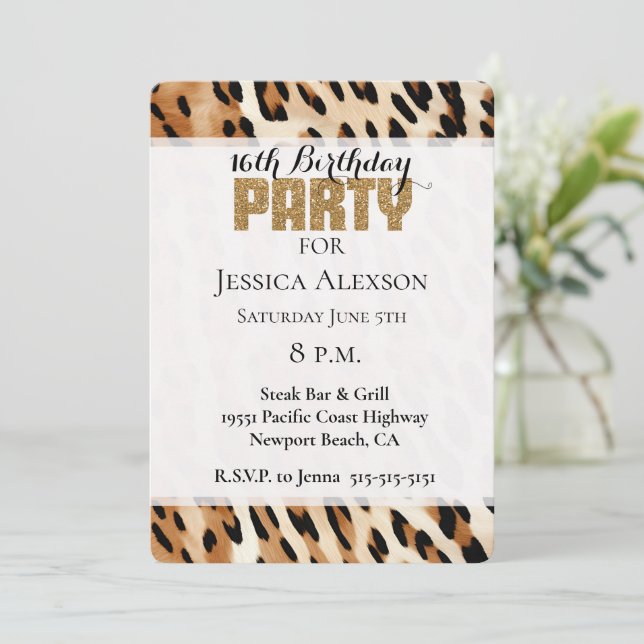 Chic Brown Cream Leopard Gold Glitter Party Invitation (Standing Front)