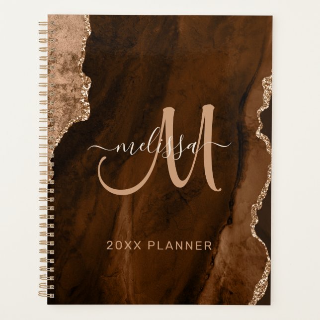Chic Brown Gold Glitter Agate Custom Monogram 2024 Planner (Front)