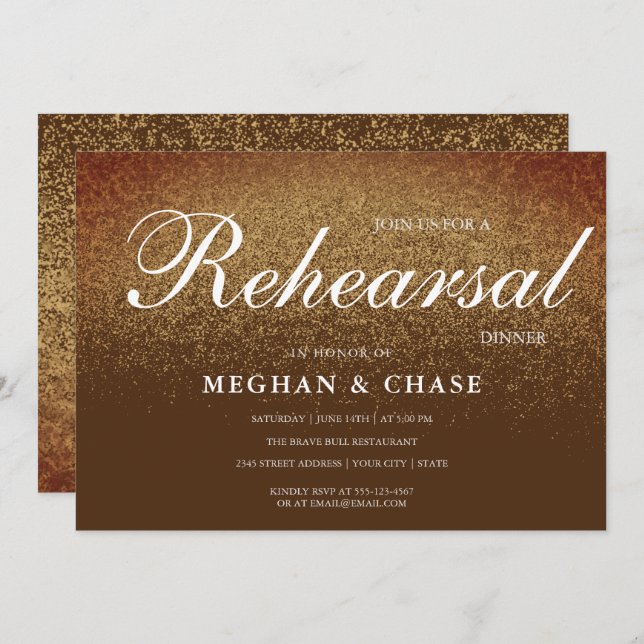 Chic Brown Gold Glitter Rehearsal Dinner Invitation (Front/Back)