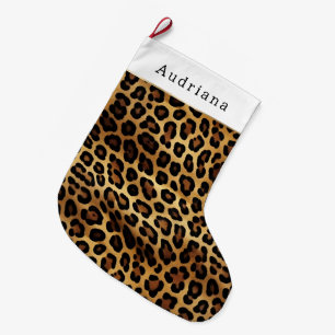 Chic Brown Gold Leopard Animal Print Christmas Large Christmas Stocking
