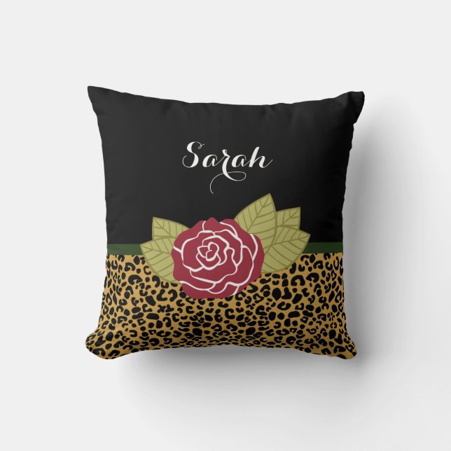 Chic Brown Gold Leopard Print Red Rose With Name Cushion (Front)