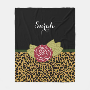 Chic Brown Gold Leopard Print Red Rose With Name Fleece Blanket