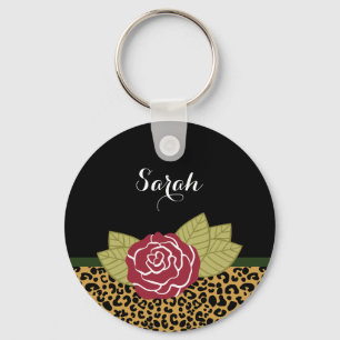Chic Brown Gold Leopard Print Red Rose With Name Key Ring