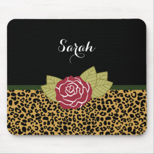 Chic Brown Gold Leopard Print Red Rose With Name Mouse Pad