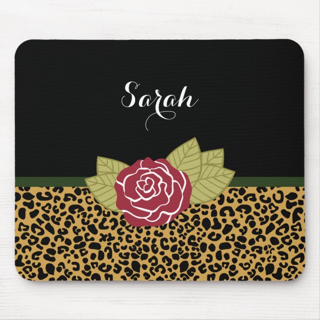 Chic Brown Gold Leopard Print Red Rose With Name Mouse Pad (Front)