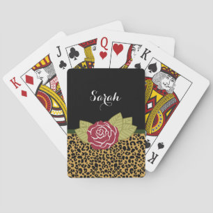 Chic Brown Gold Leopard Print Red Rose With Name Playing Cards