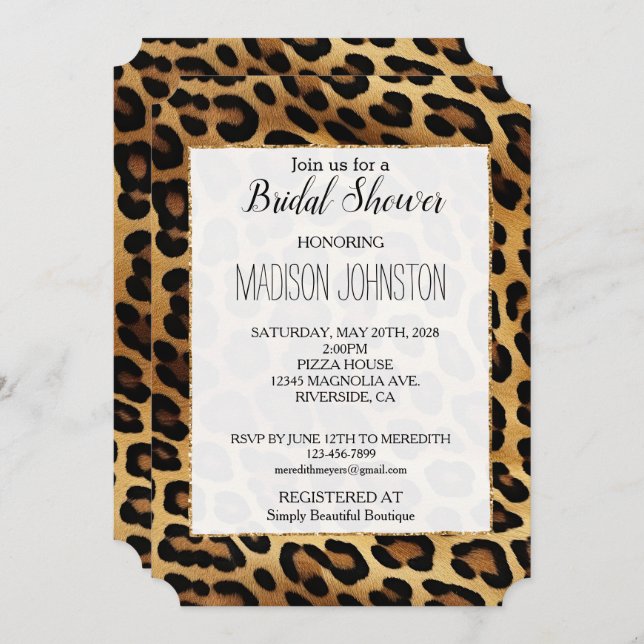 Chic Brown Gold Leopard Wedding Bridal Shower Invitation (Front/Back)
