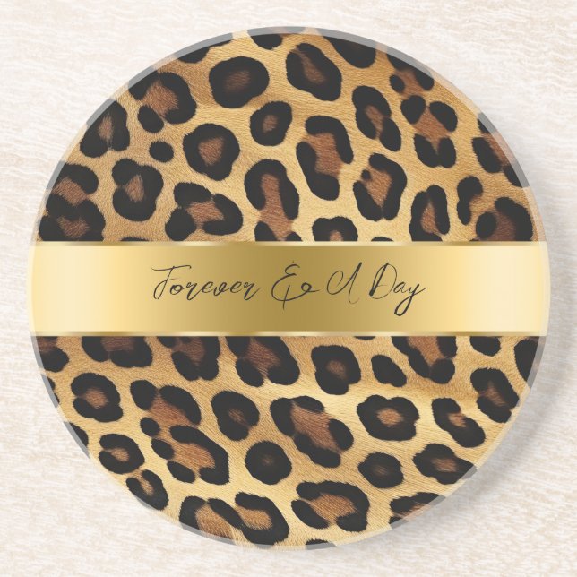 Chic Brown Gold Leopard Wedding Coaster (Front)
