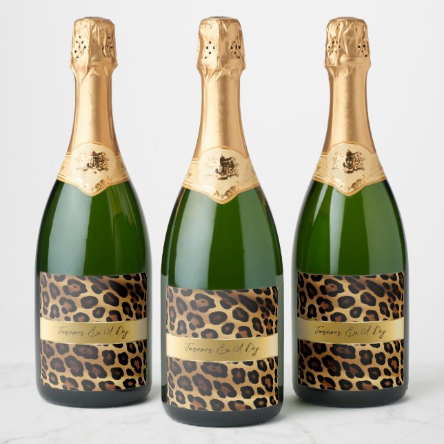 Chic Brown Gold Leopard Wedding Sparkling Wine Label (Bottles)
