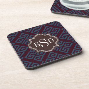 Chic brown greek key geometric patterns monogram coaster