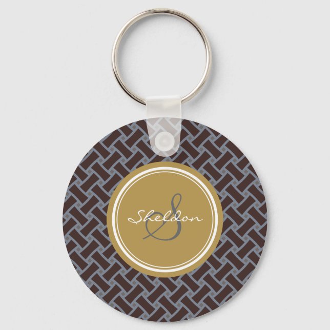 Chic brown greek key geometric patterns monogram key ring (Front)
