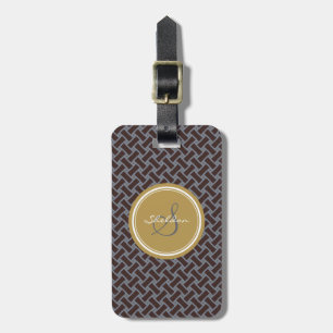 Chic brown greek key geometric patterns monogram luggage tag