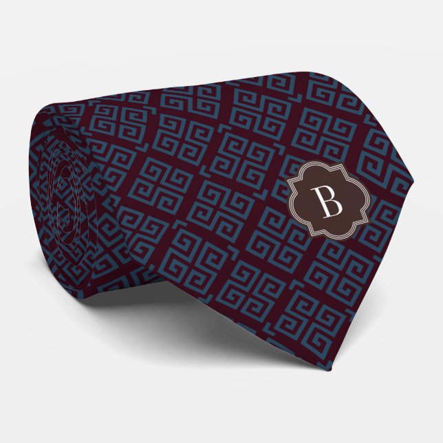 Chic brown greek key geometric patterns monogram tie (Rolled)