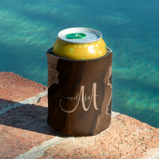 Chic Brown Rose Gold Glitter Agate Custom Monogram Can Cooler (In Situ Pool)