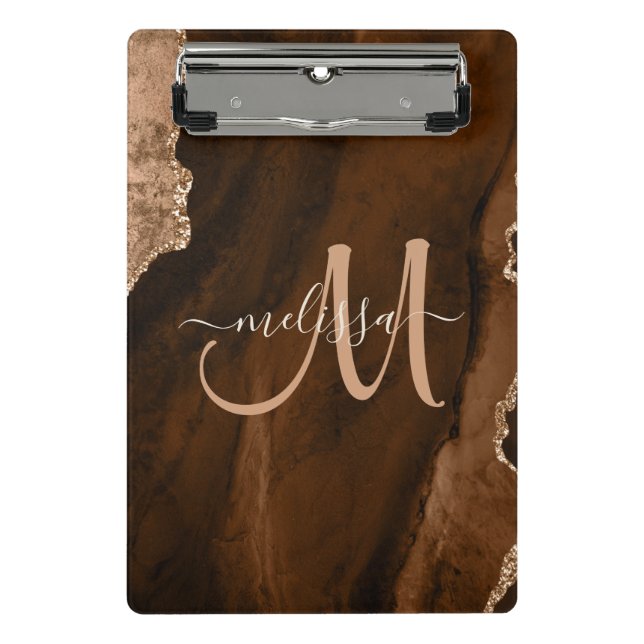 Chic Brown Rose Gold Glitter Agate Custom Monogram Mini Clipboard (Front)
