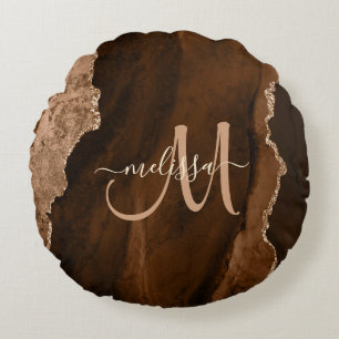 Chic Brown Rose Gold Glitter Agate Custom Monogram Round Cushion