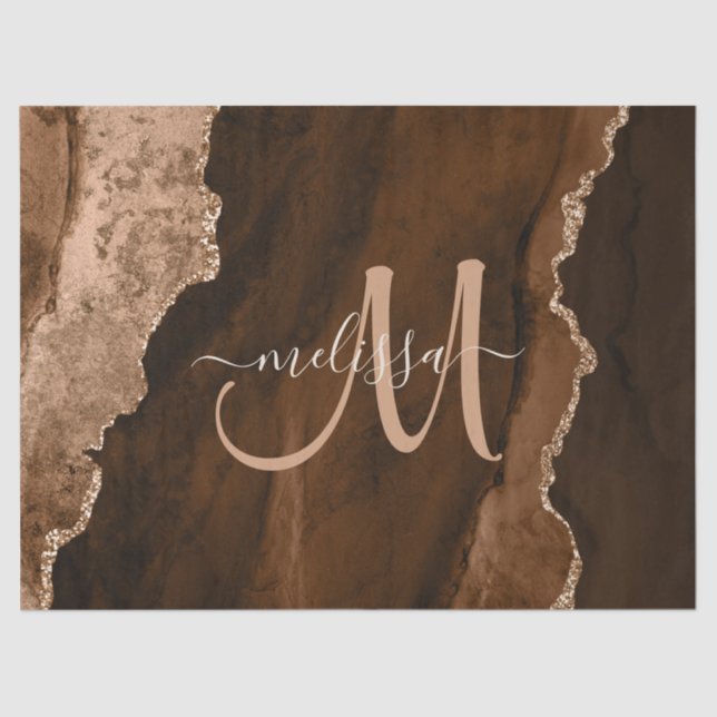 Chic Brown Rose Gold Glitter Agate Custom Monogram Tissue Paper (Front)
