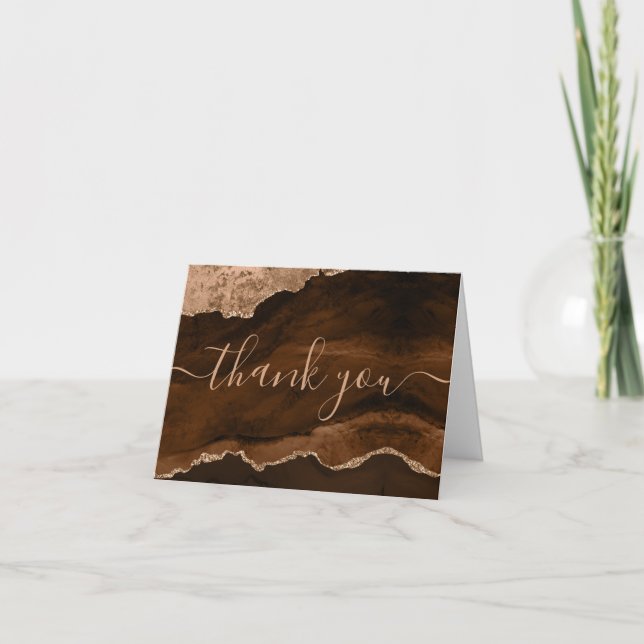 Chic Brown Rose Gold Glitter Agate Monogram Thank You Card (Front)
