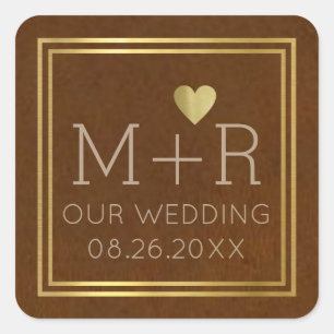 chic brown wedding monogrammed  square sticker