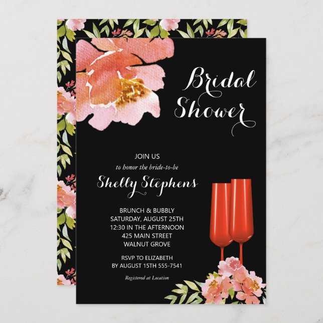 Chic Brunch and Bubbly Floral Invitations (Front/Back)