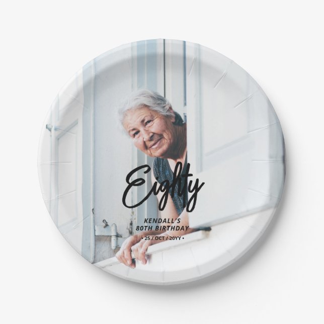 Chic Brush Script Custom Photo Birthday Party Paper Plate (Front)