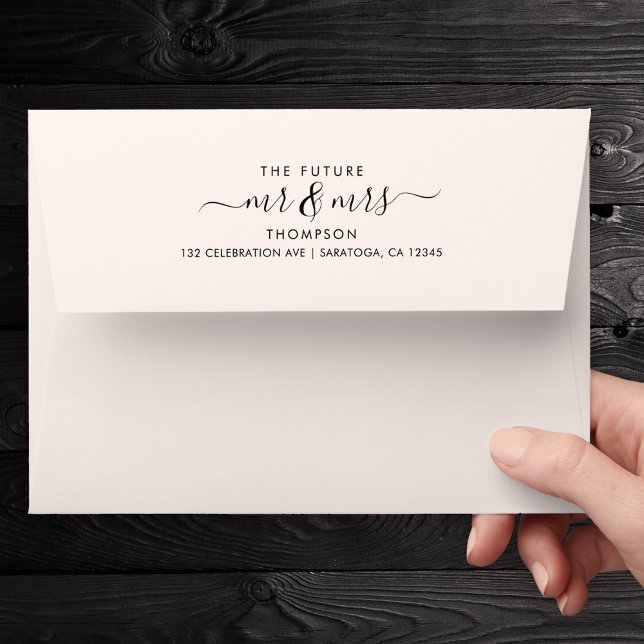 Chic Brush Script Future Mrs and Mr Return Address Envelope (Modern engagement  typography with elegant brush script calligraphy design)