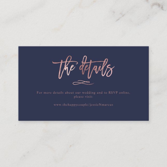 Chic Brush Script Rose Gold Wedding Details Business Card (Front)