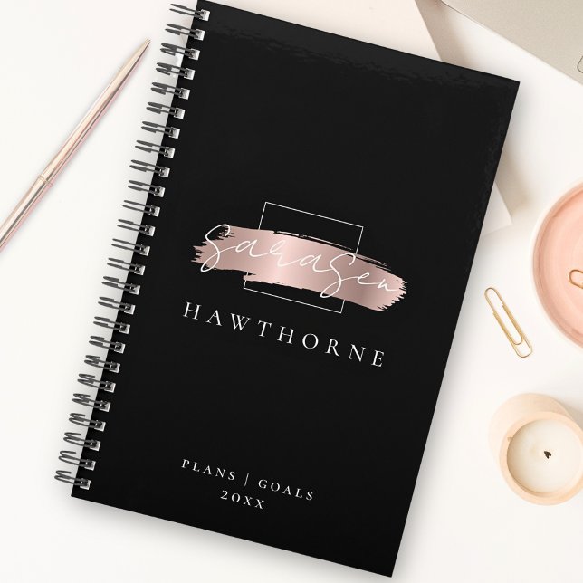 Chic Brush Stroke Black Faux Rose Gold Monogram Planner (Creator Uploaded)