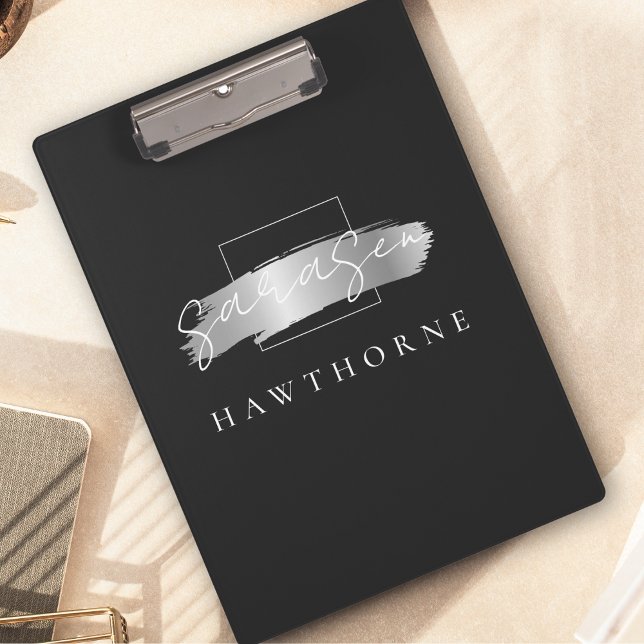 Chic Brush Stroke Black Faux Silver Brush Monogram Clipboard (Creator Uploaded)