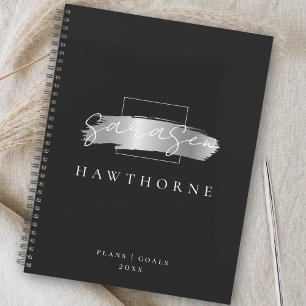 Chic Brush Stroke Black Faux Silver Brush Monogram Planner