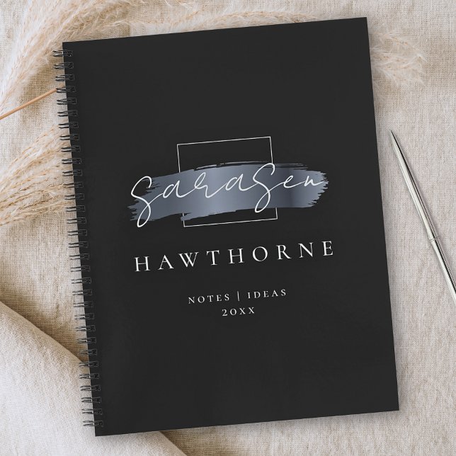 Chic Brush Stroke Black Faux Silver Grey Monogram Notebook (Creator Uploaded)