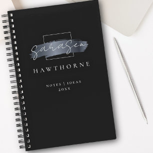 Chic Brush Stroke Black Faux Silver Grey Monogram Notebook