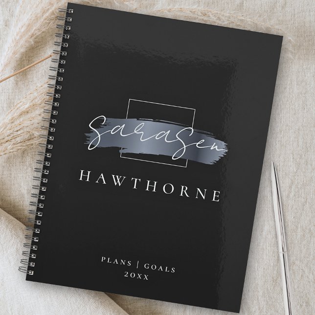 Chic Brush Stroke Black Faux Silver Grey Monogram Planner (Creator Uploaded)