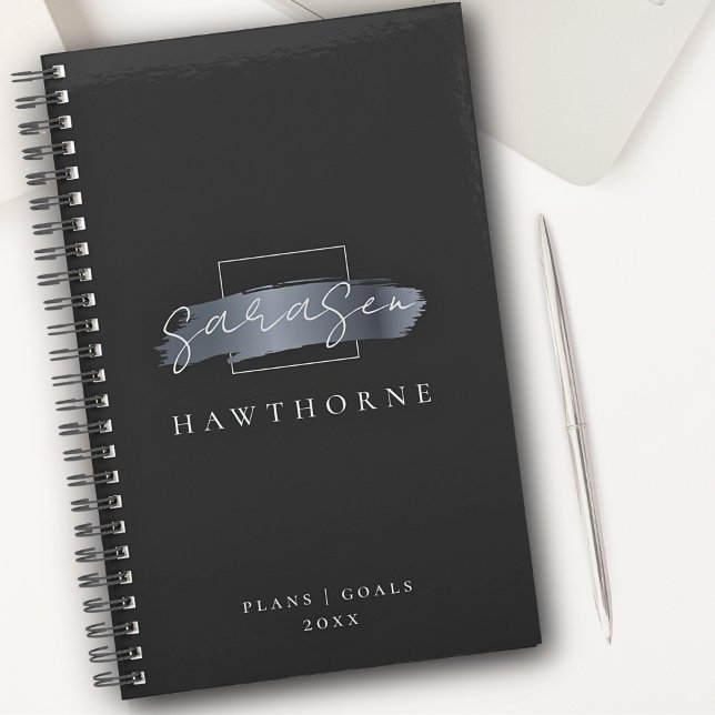 Chic Brush Stroke Black Faux Silver Grey Monogram Planner (Creator Uploaded)