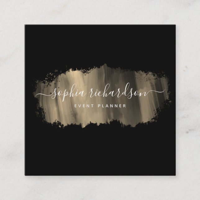 Chic Brush Stroke | Faux Gold on Black Square Business Card (Front)