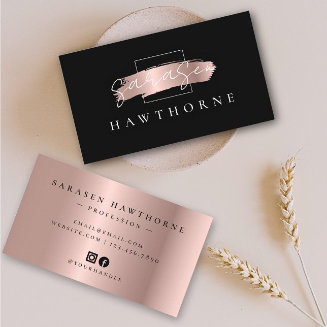 Chic Brush Stroke Faux Rose Gold and Black Elegant Business Card (Creator Uploaded)